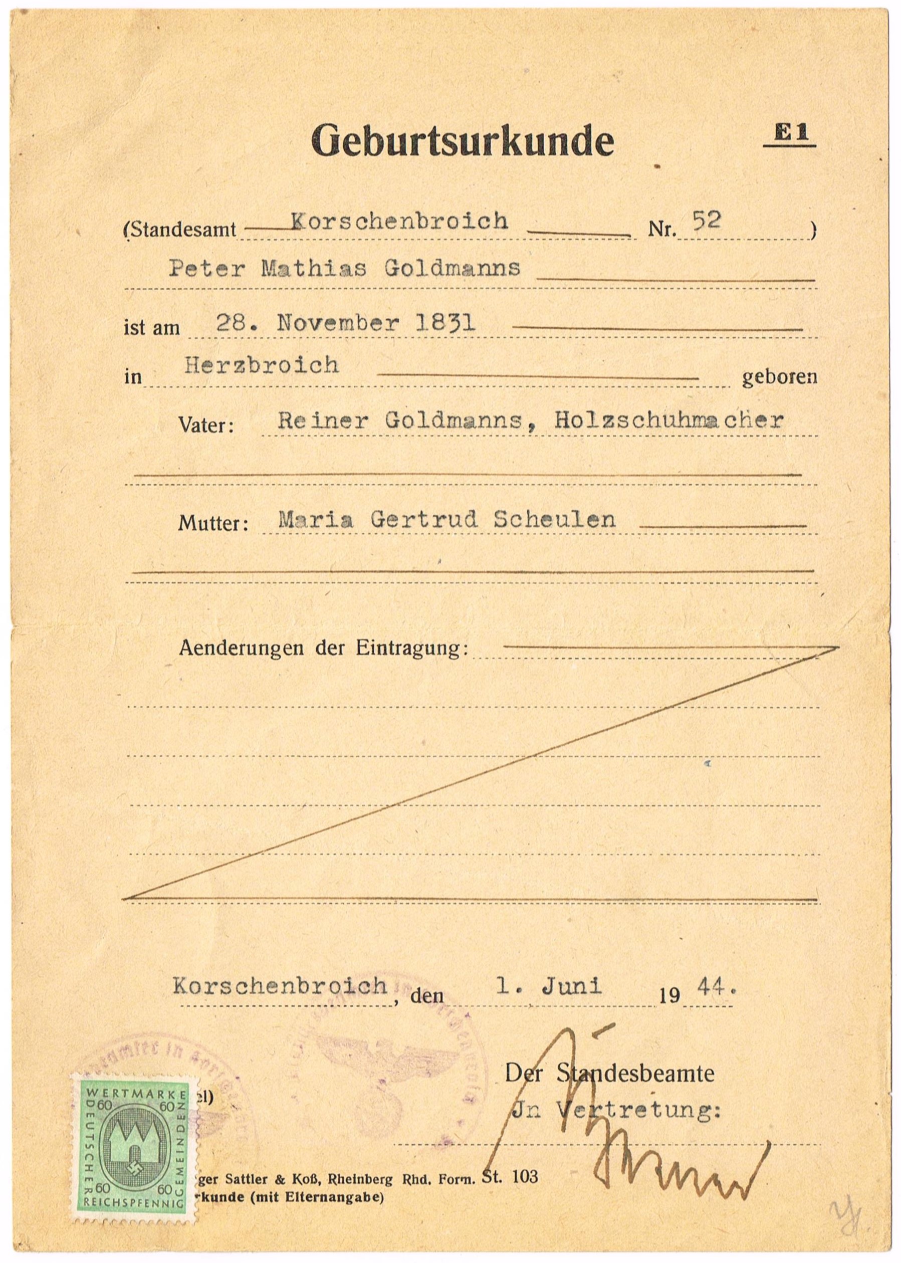 Photo Geburtsurkunde - Standesamt Korschenbroich Nr.52 - Peter Mathias Goldmanns